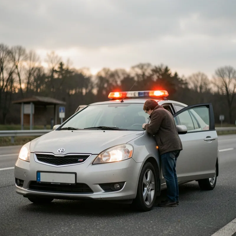 Automobiliste arrêté sur une aire de repos, portière ouverte, observant son tableau de bord