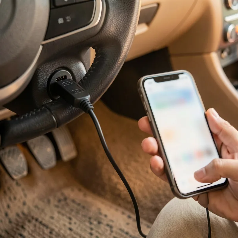 Boîtier de diagnostic OBD branché sous le volant, relié à un smartphone affichant des codes