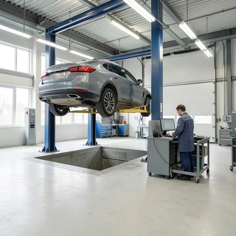Centre de contrôle technique automobile, véhicule sur pont avec un contrôleur devant un écran