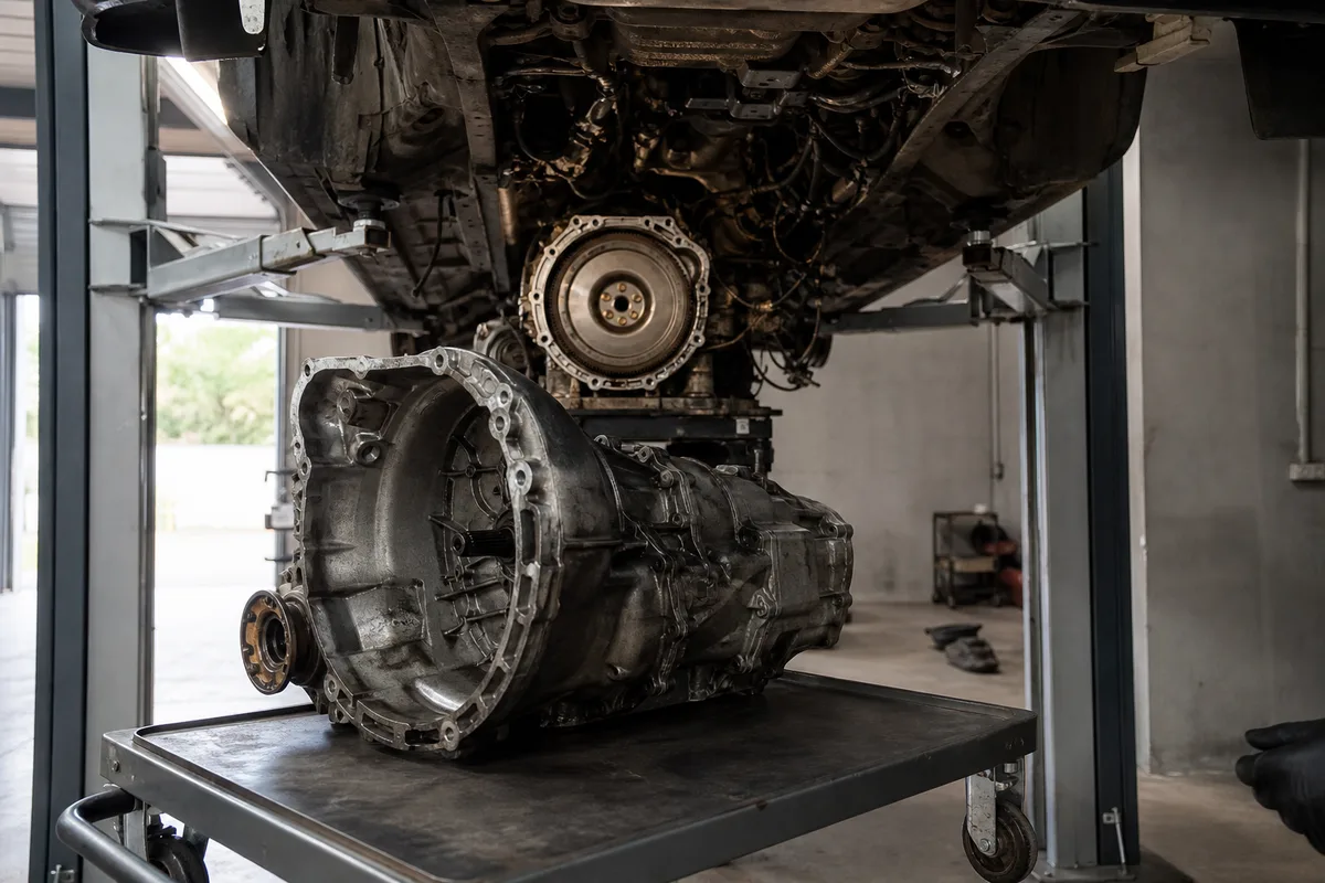 Boîte de vitesses déposée dans un atelier, volant moteur visible à l&rsquo;arrière du bloc
