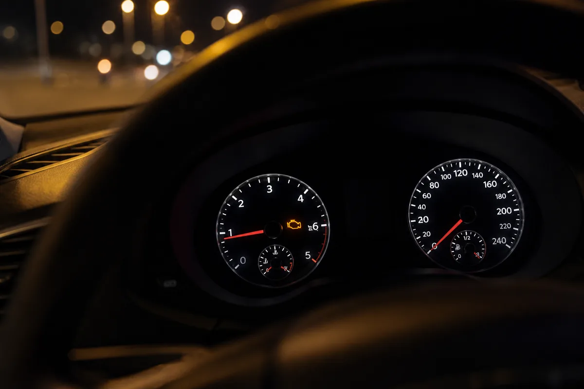 Tableau de bord de voiture allumé la nuit avec le témoin moteur orange visible