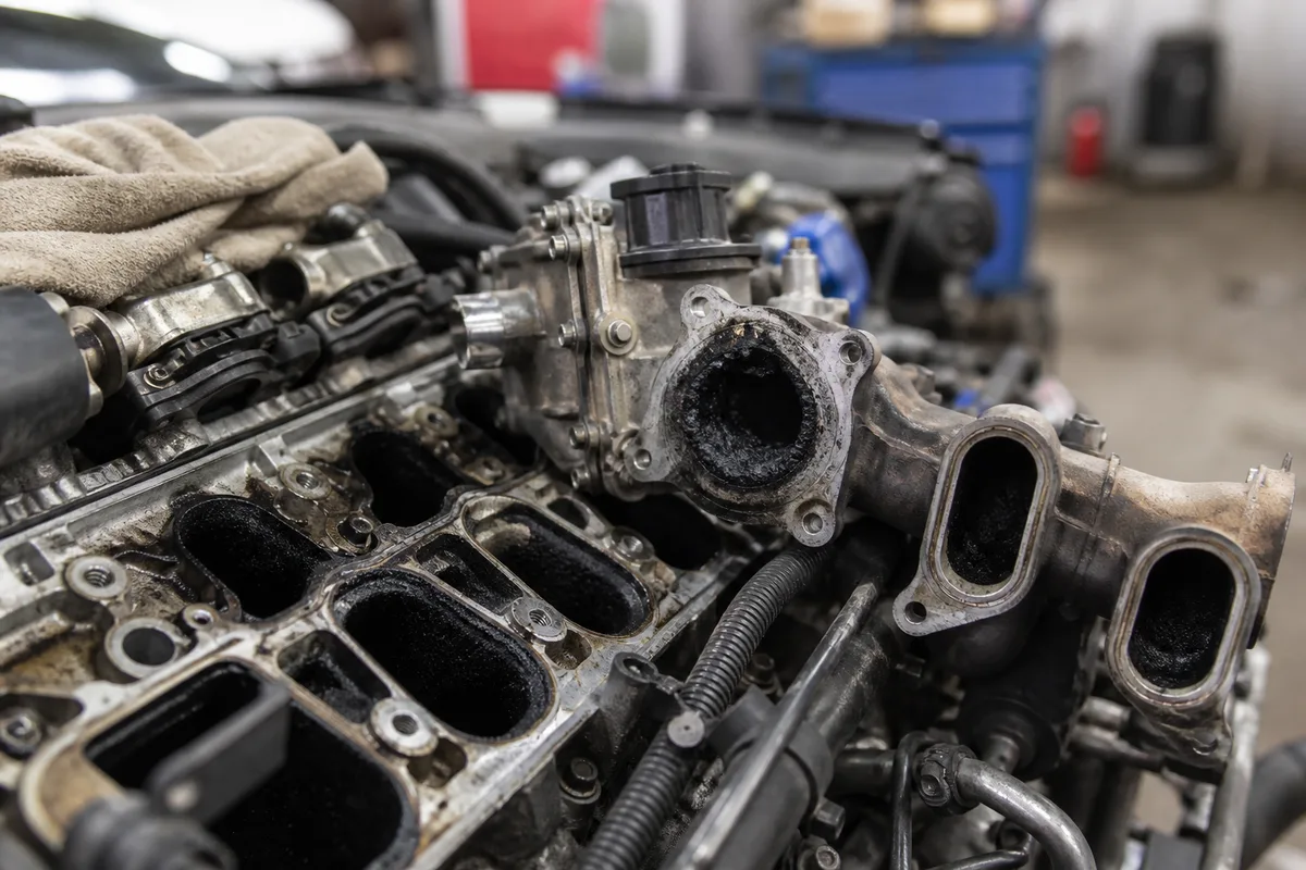 Moteur diesel ouvert dans un atelier avec collecteur d&rsquo;admission démonté et dépôts de calamine